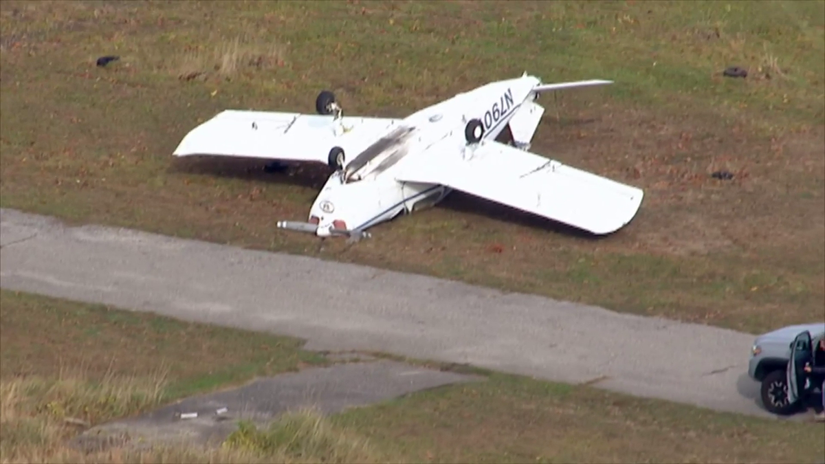 Chopper 12 shows a small plane flipped over at Calabro Airport in Brookhaven by November's powerful storms. 