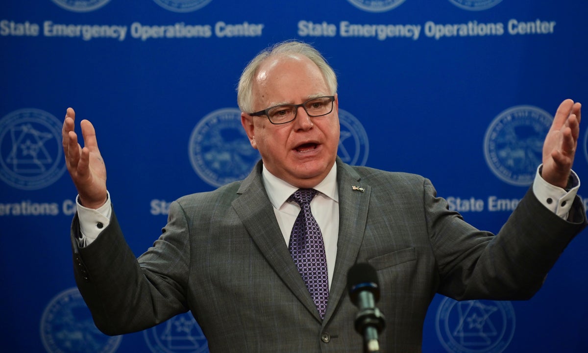 Minnesota Gov. Tim Walz gestures while talking about the state's response to the coronavirus pandemic, during a news conference in St. Paul, Minn., Wednesday, May 27, 2020. (John Autey/Pioneer Press via AP, Pool)