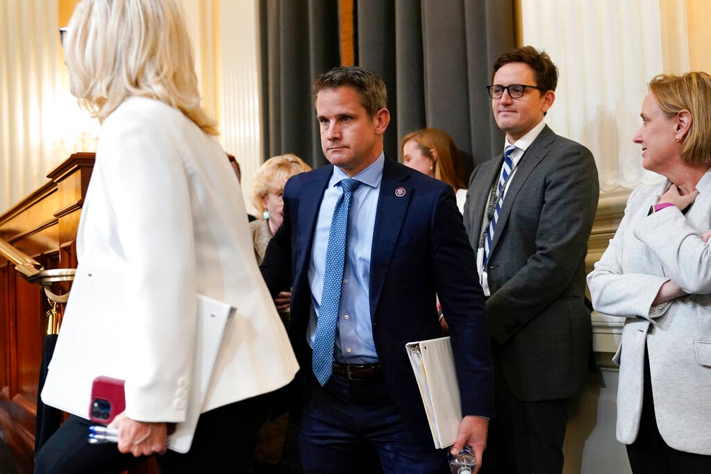 Vice Chair Liz Cheney, R-Wyo., left, and Rep. Adam Kinzinger, R-Ill., arrive as the House select committee investigating the Jan. 6 attack on the U.S. Capitol continues to reveal its findings of a year-long investigation, at the Capitol in Washington, Thursday, June 23, 2022. (AP Photo/J. Scott Applewhite)
