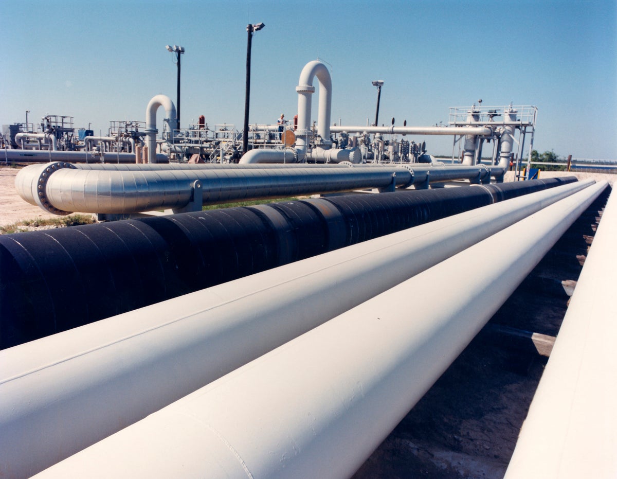An undated photo provided by the Department of Energy shows crude oil pipes at the Bryan Mound site near Freeport, Texas. The White House announced Thursday, March 31, 2022, that Biden ordered the release of 1 million barrels of oil per day from the strategic petroleum reserve for the next six months.(Department of Energy via AP)