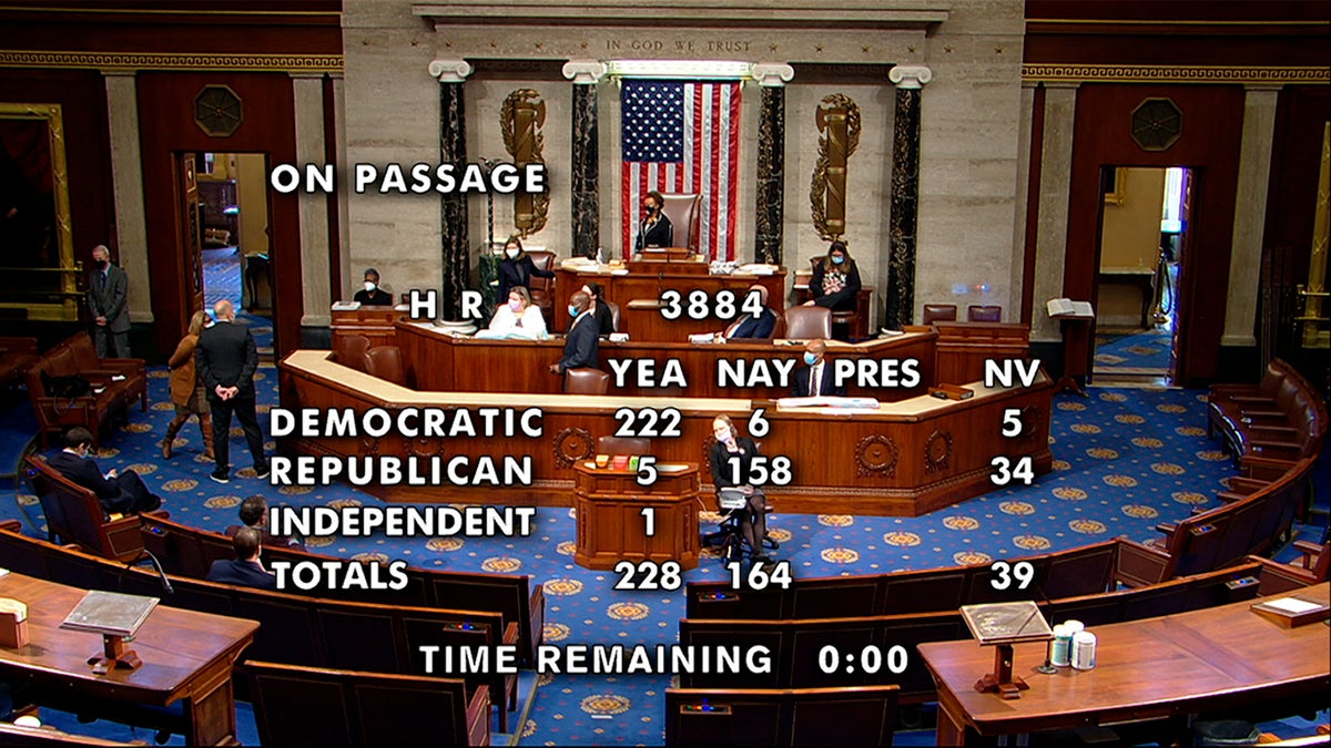This image from House Television shows the final vote, 228-164, in the House on passage of a bill to decriminalize and tax marijuana at the federal level. The bill now goes to the Republican-controlled Senate, where it is unlikely to move forward. (House Television via AP)